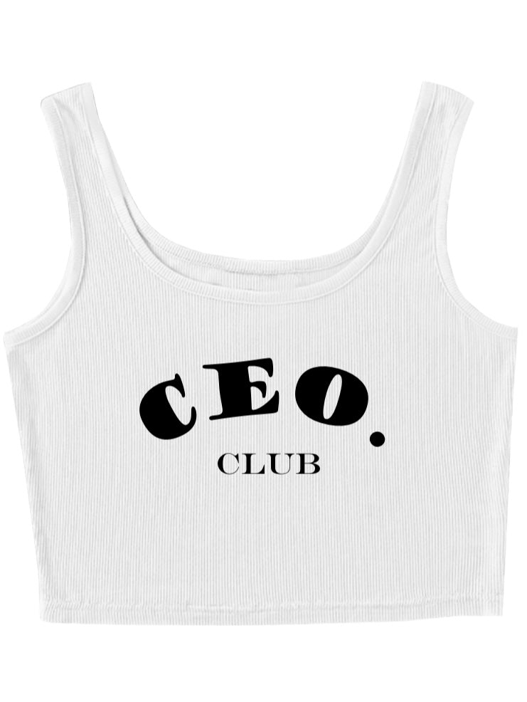 Women’s “CEO. CLUB” White Ribbed Crop Tank Top