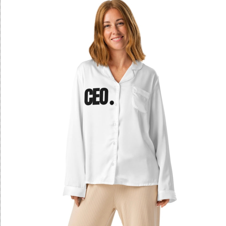 Women’s “CEO.” White Long-Sleeve Pajama Shirt